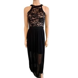 Morgan & Co Black Lace Sequin Maxi Dress 3/4 Sheer Skirt Overlay Formal Gala